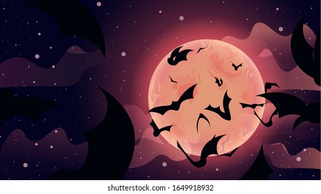 Flat illustration of flying bats. Magic landscape with clouds and moon.