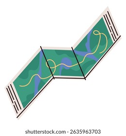 Flat illustration of a folded trail map with a yellow path line, green terrain, and blue rivers. Represents hiking navigation, outdoor exploration, and camping preparation.