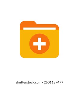 Flat illustration of folder icon with a plus sign to represent adding data, documents, or files. Graphic elements, icons