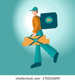 
Flat illustration of a food delivery man walking with thermal bags. Pizza delivery. Fresh and hot food. Safe food delivery. Vector illustration