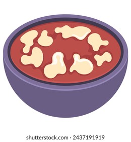 flat illustration of food icon, a bowl of delicious and spicy meat soup, creative drawing 
