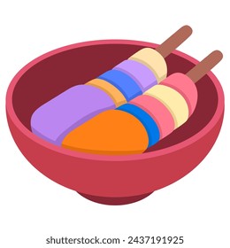 Flat illustration of food icon, colorful sweet snack skewer, creative drawing 