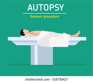 Flat illustration. Forensic procedure. The autopsy. The man is a murder victim