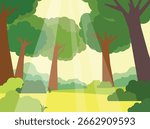  Flat illustration of forest scene with sunshine