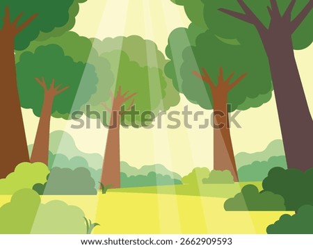  Flat illustration of forest scene with sunshine