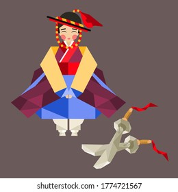
Flache Illustration in Form von Origami. Tänzer des traditionellen koreanischen Tanzes. Koreanischer Tanz "Geommu". 
Mädchen gekleidet im Hanbok.