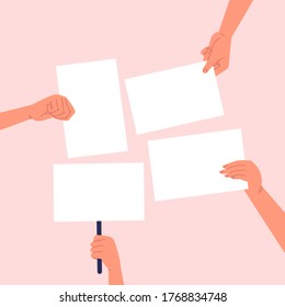 Ilustración plana de cuatro manos con trozos de papel blanco en blanco