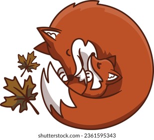 Flat illustration of fox and cub, cute sleeping foxes with autumn leaves