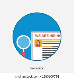 Flat Illustration of a Free Vacancy. Design Concept of Monitor with Announcement with a Magnifying Glass. We are Hiring. Job Opportunity. Modern Vector Icons in Round Shape