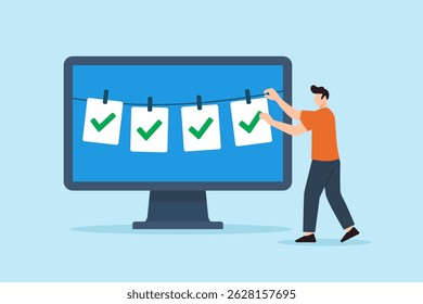 Ilustração plana de freelancer pendurando marcas de seleção concluídas no varal digital para simbolizar o rastreamento de tarefas e a produtividade remota