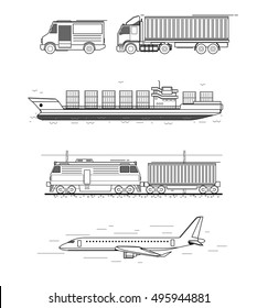 Flat illustration of freight, truck, aircraft, freight train, Container ship