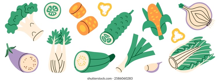 Flat illustration of fresh vegetables including broccoli, eggplant, zucchini, corn, cucumber, green onions, fennel, garlic. Colorful stylized design with a clean background, ideal for healthy food.