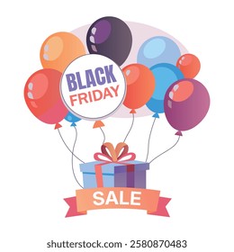 A flat illustration of friday gift box with balloons 
