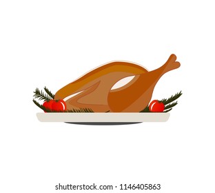 Flat illustration of fried turkey with tomatoes and green  branches on plate. Isolated. Food icon