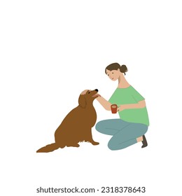 Flat illustration of friendship between a girl and her pet dog. Girl is petting her pet dog. Minimalism vector character illustration.