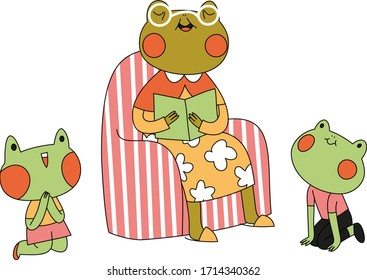 Flat illustration with frog character reading for print design. Isolated vector illustration. Cartoon background. Flat vector character illustration. Vector collection. White background.