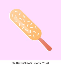 Flat illustration of fruit ice. Yellow ice cream on stick, popsicle. Stylish print, sticker