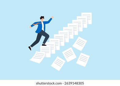 Flat illustration of frustrated businessman climbing collapsing staircase made of documents symbolizing urgency and deadline overload