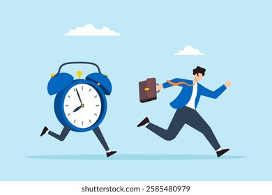 Flat illustration of frustrated businessman run in hurry from clock time symbolizing work late and deadline pressure