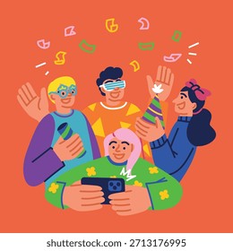 Flat illustration of a fun group gathering around for a cheerful selfie with party hats and props.