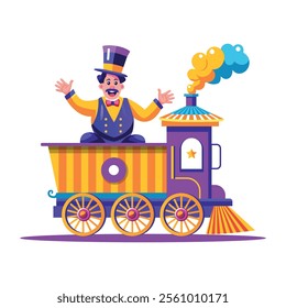 A flat illustration of a funny character sitting on a circus train 

