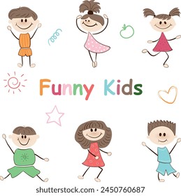 Flat illustration of Funny Children in Different Poses. Hand Drawn Cherfull Kids. Colorful Cartoon Clipart.