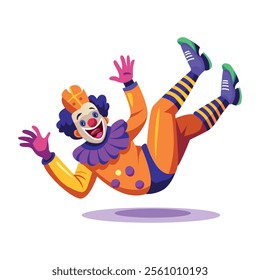 A flat illustration of a funny clown falling on ground

