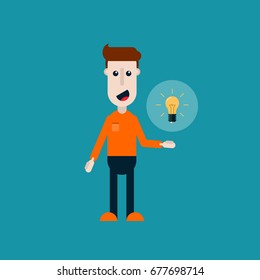Flat Illustration of a Funny Smiling Man Holding a Light Bulb