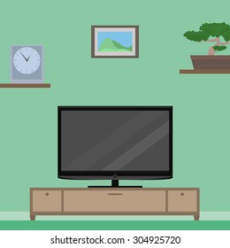 Flat Illustration with furniture. TV, bollard, clock, flower, picture.