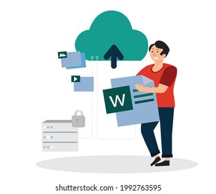Flat illustration, future people will use cloud backup. Big data can be uploaded on it. which is future technology