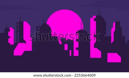 Flat illustration of futuristic metropolis on a beautiful sunset background.
