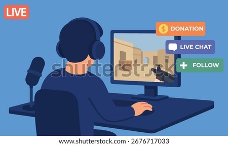Flat illustration of gamer live streaming video games with donation, live chat, and follow icons, modern esports and online content creator concept