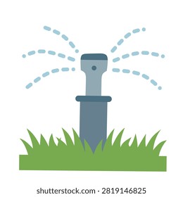 Flat illustration of a garden sprinkler spraying water isolated on white background. Irrigation icon for lawn care, landscaping, gardening, agriculture, and water conservation