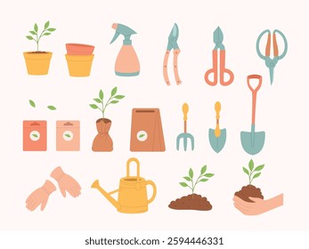 A flat illustration of gardening tools, including pruners, a watering can, gloves, seed packets, potted plants, and hands planting a seedling. Ideal for eco-friendly, botanical, and gardening-related 