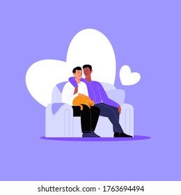 Flat illustration of a gay couple sitting on the couch with their cat. Hearts on the background. Pride month concept