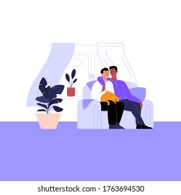 Flat illustration of a gay couple staying home sitting on the couch near the window with their cat. Pride month concept