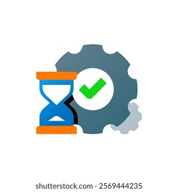 Flat illustration of a gear, an hourglass, and check mark. efficient processes, time management, and successful task completion. Ideal for themes related to workflow optimization or project management