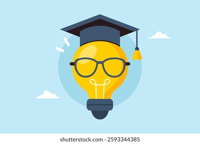 Flat illustration genius bright lightbulb wearing eyeglasses and graduation cap symbolizing knowledge and creativity