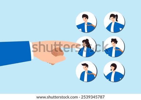 Flat illustration of giant finger pointing at chosen candidate employee recruitment job hiring new position choose hr human resources interview talent headhunter