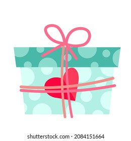 A flat illustration of a gift box with red heart and bows in pastel colors. Hand drawing for valentine day greeting and invitation or stickers.
