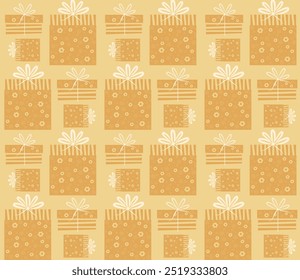 Ilustración plana de cajas de regalo, arcos lindos, patrón de Vector de fondo de oro