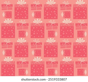 Ilustración plana de cajas de regalo, arcos lindos, patrón de Vector fondo rojo
