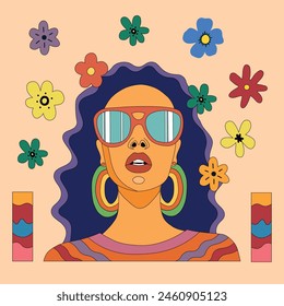 Flat illustration of a girl in 90's style. y2k character. Bright girl character illustration. Character in retro style. Palette 90's