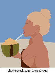 Flat illustration of a girl with coconut on a beach. Stock vector illustration
