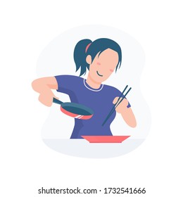 Flat illustration of girl cooking using pan and chopsticks in flat anime style