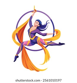 A flat illustration of a girl doing beautiful aerial performance 

