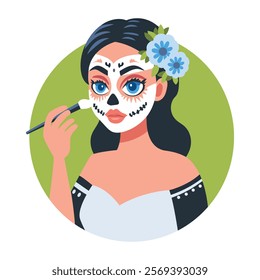 A flat illustration of a girl doing calavera makeup 