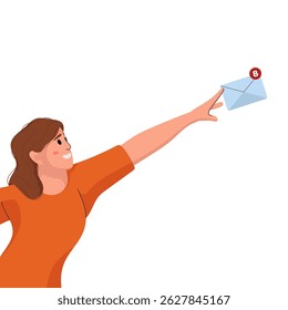 Ilustração plana Girl get mail conceito isolado no fundo branco. Mulher recebe nova mensagem. Carta em envelope online, nova notificação de mensagem na caixa de correio. Assinatura, comunicação.