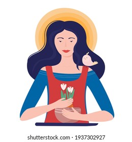Flat illustration girl have bulbous plants flowers crocuses. Hobby gardening.