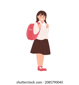 Flat illustration of girl hold backpack want to go school. School girl in uniform back to school. Cute pretty kid standing in uniform and backpack in isolated background. Smile kid illustration vector